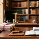 律師執行業務所得申報示意：律師事務所書桌上的法律書籍與文件情境