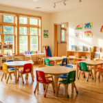 幼兒園設立示意：明亮整潔、桌椅排列整齊的幼兒園教室