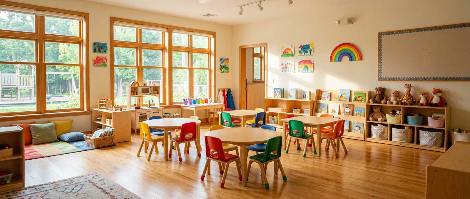 幼兒園設立示意:明亮整潔、桌椅排列整齊的幼兒園教室